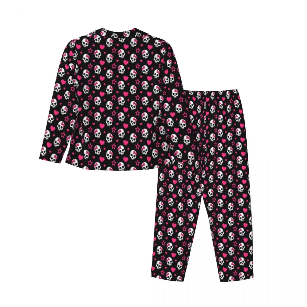 Pajamas Woman Sugar Skull Print Night Sleepwear Stars And Hearts 2 Pieces Loose Pajama Set Long-Sleeve Oversized Home Suit