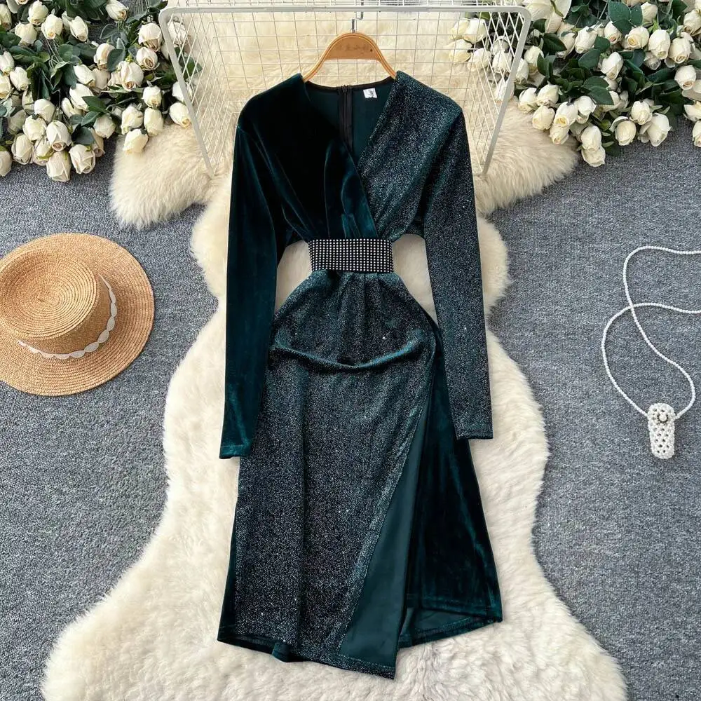 Chic vintage long sleeve Spliced velour Evening Party dress Women High Street ceremony dresses