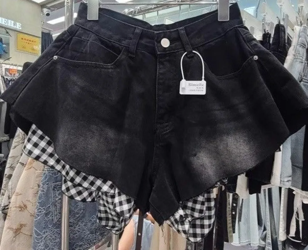 Streetwear Women Summer New Personalized Hotsweet Girl Checkered Splicing Fake Two Piece Washed Distressed Irregular Jean Shorts