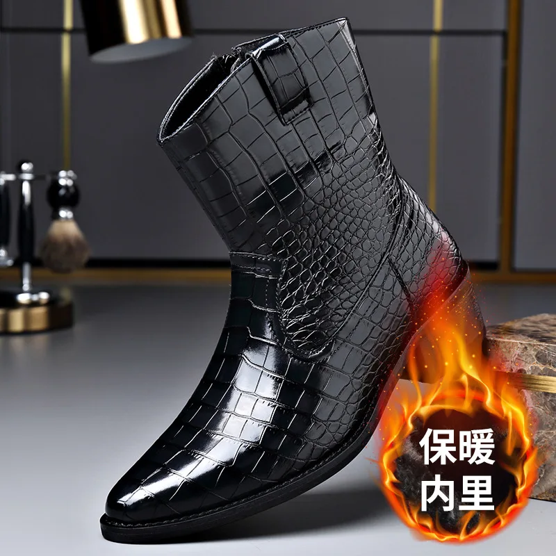 Botines de cuero con patrón de cocodrilo para hombre, zapatos de vestir de moda de talla grande de estilo británico, botas Chelsea de diseñador negras para hombre