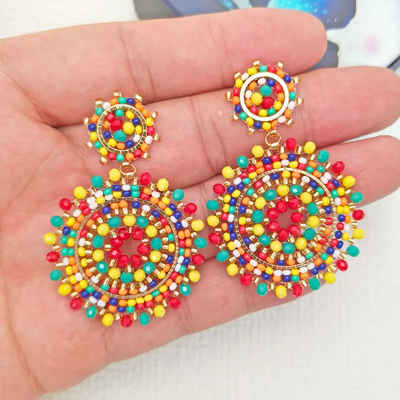 Rice bead earrings Colour mixture Originality Crystal Roundness Hand knitting Bohemia Alloy Fashion Simple Beaded earrings