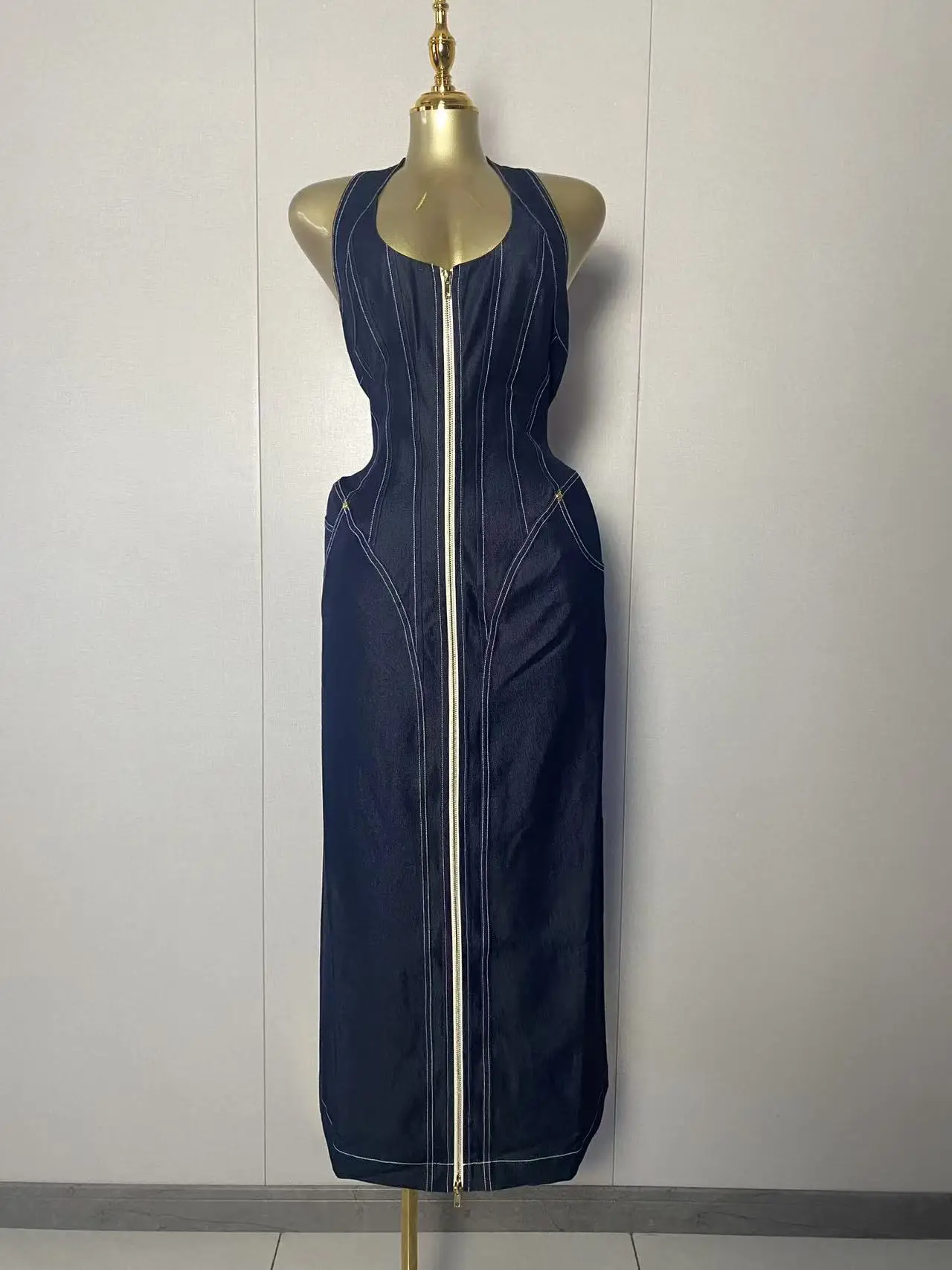 2025 New Women Luxury Sleeveless bACKLESS Zipper Denim Blue Dress 2025 Elegant Evening Club Luxury Birthday Party Dresses
