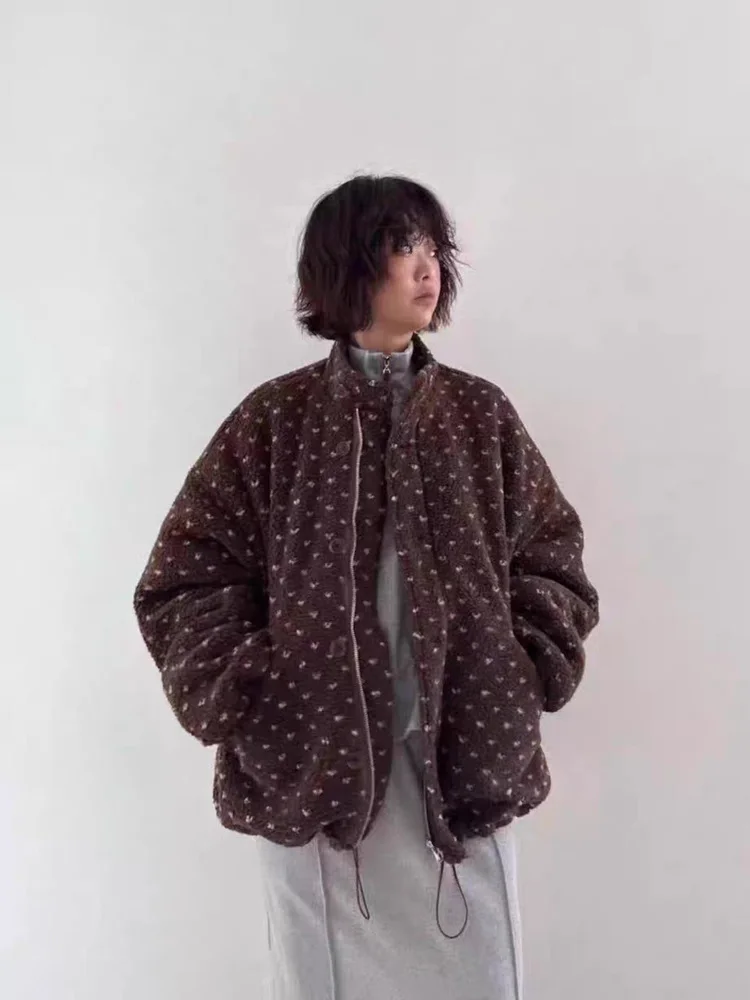 

Ретро-куртка с воротником на молнии и узором в виде сердец, свободного кроя, женское зимнее пальто, теплое, толстое, с длинными рукавами, средней длины