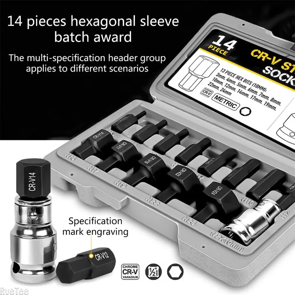 Allen Key Hex Bit Socket Set, Hexagon Bit Socket, Chave Ferramenta Cabeça para Ratchet, Drive Screw Driver, 3-24mm, 14Pcs, 1/2"