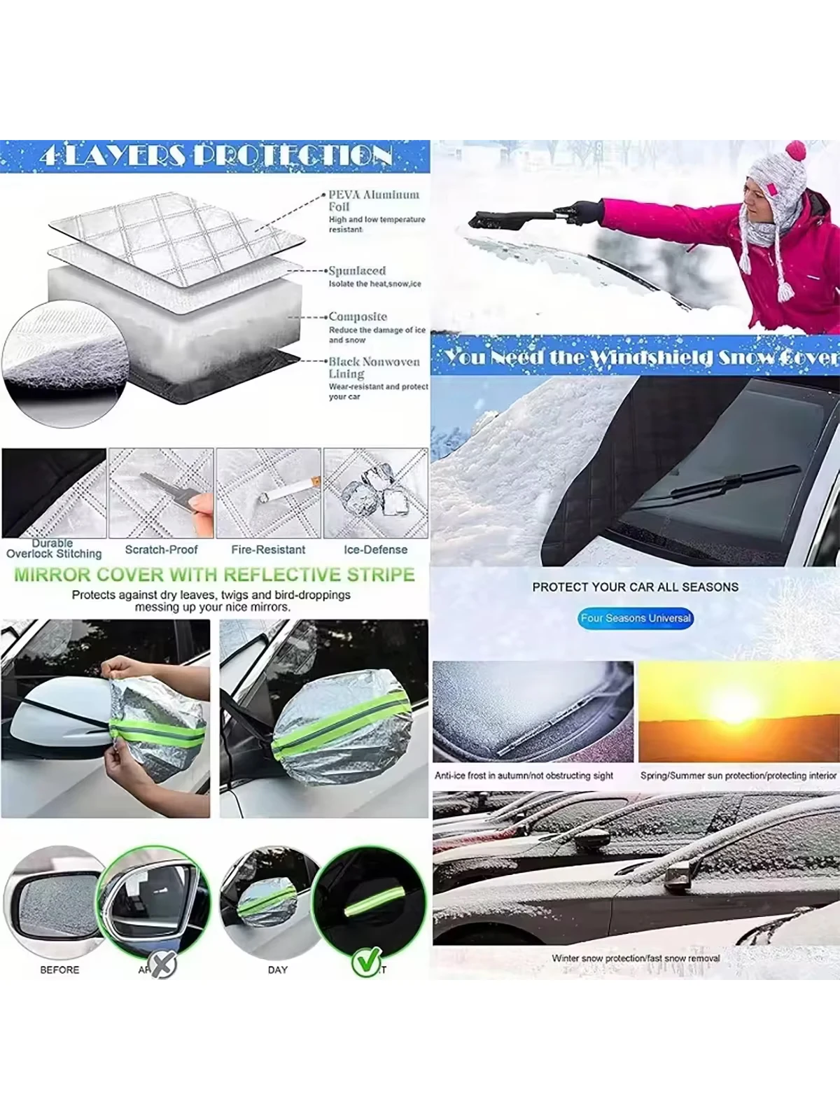 Heavy Duty Vehicle Windshield Snow Cover with 9 Powerful Magnetic Fasteners Uv and Sun Resistant for Most Vehicles