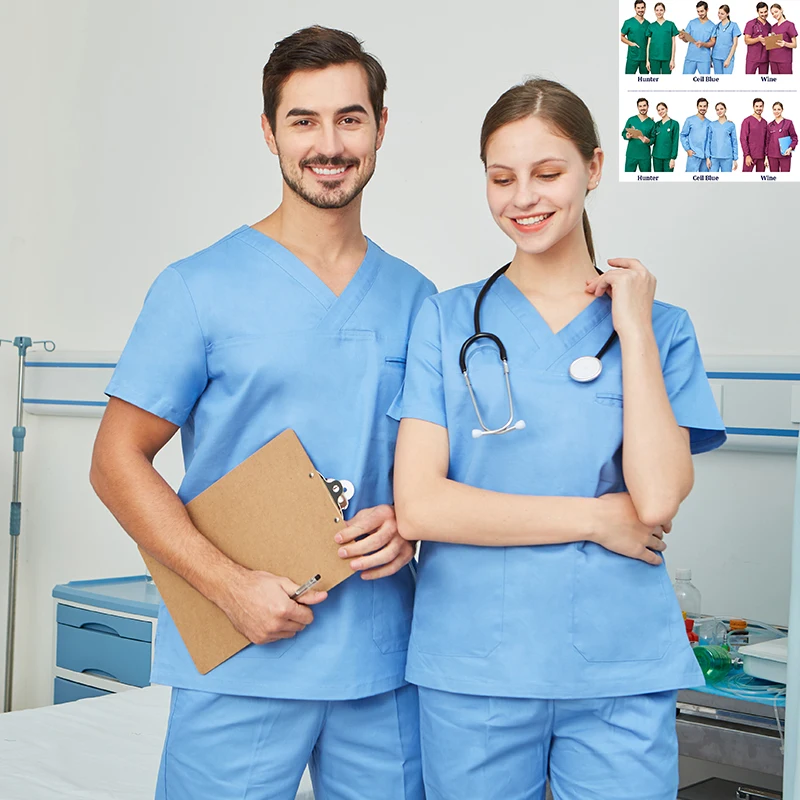 

Medical Scrubs Set Nurse Uniforms Women Men Doctor Surgical Top Pant Poplin Short Sleeve Petite Tall OR Workwear Suit XSY-105