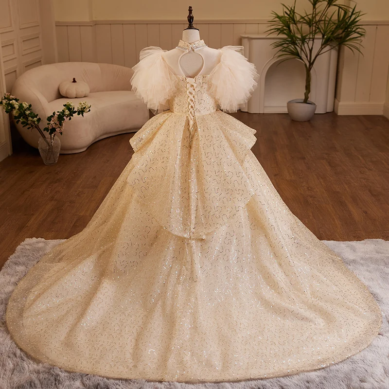 Champagne Girl Kid Floor-Length Tulle Dress Butterfly Sleeve High O-Neck Chiffon Ball Gown Beading Sequin Wedding Party Vestidos