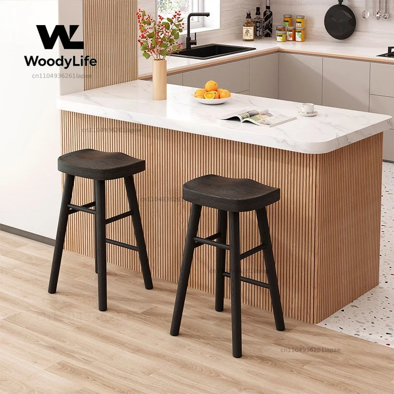 Solid Wood Bar Chair Home Simple Bar Stool Black High Chair Wabi Sandy Wind Log Bar Table High Stool Cafe Chair