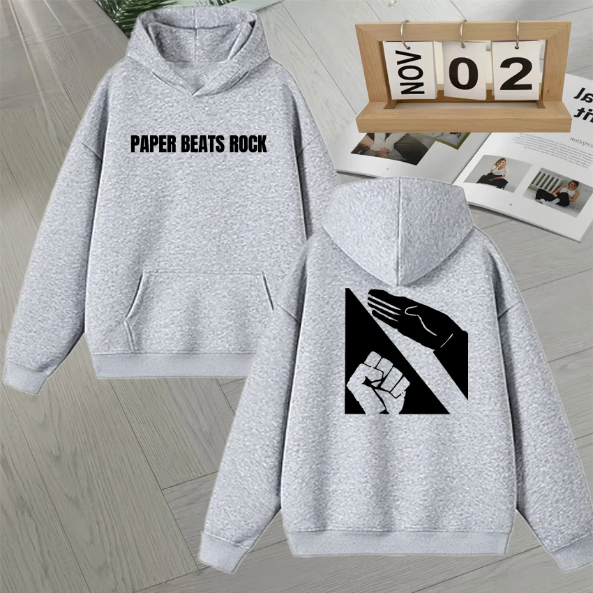 Paper Beats Rock Meme Doppelseitiger Druck Sweatshirt Männer Frauen Fleece Herbst Winter Hoodie Lose Beliebte Unisex Vintage Pullover