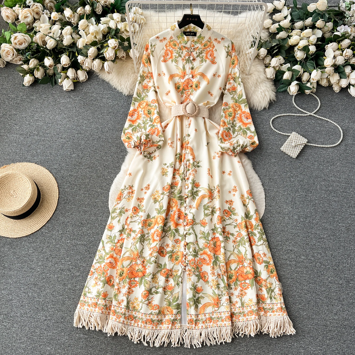 

Palace Women's New Fashion Spring Autumn Wear Printed Slim Long Bubble Sleeved Single Breasted Elegant Dress Vestidos L482