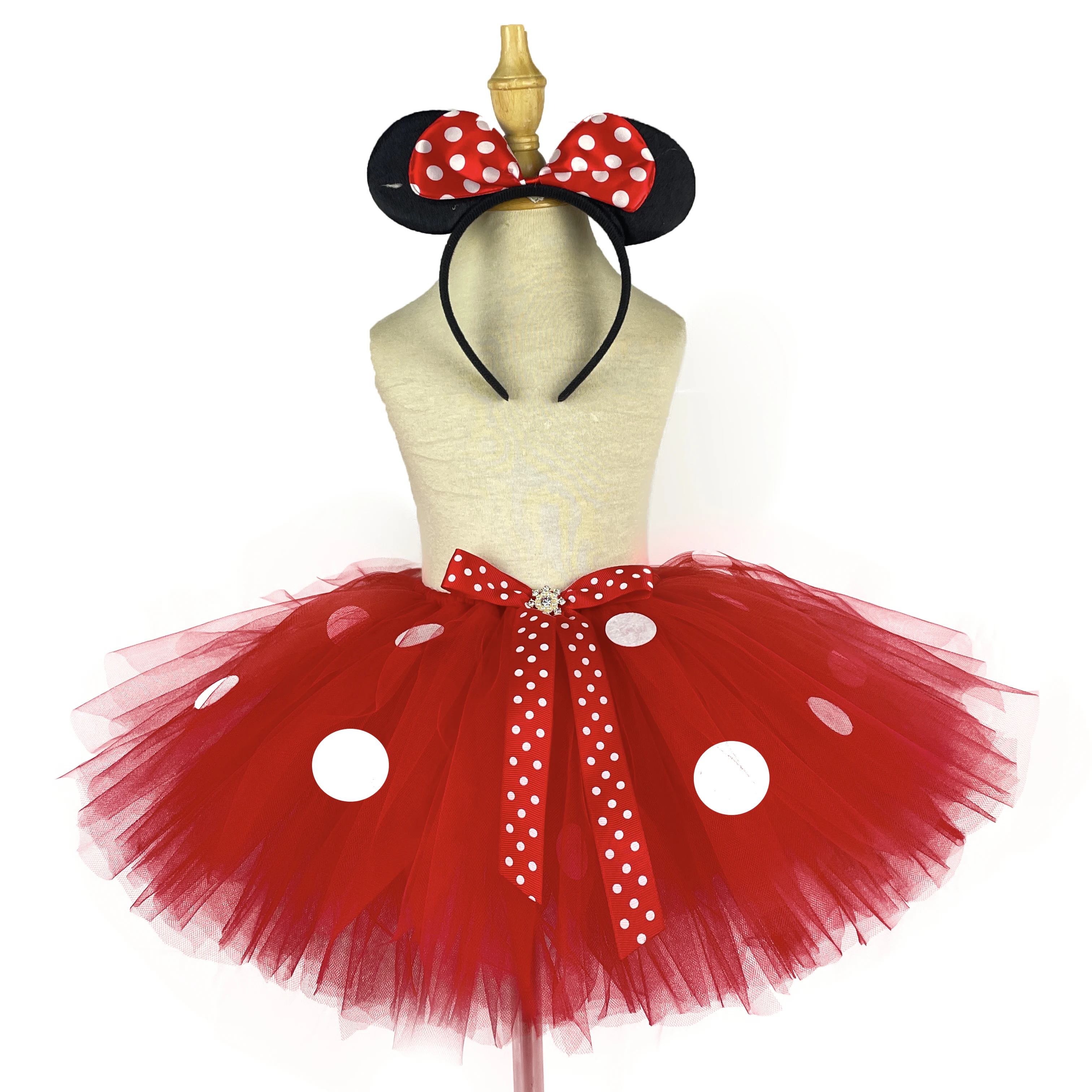 Baby Red Mickey Tutu Skirts Girls Ballet Tulle Pettiskirts with White Polka Dots and Headbow Kids Party Costume Cosplay Skirts