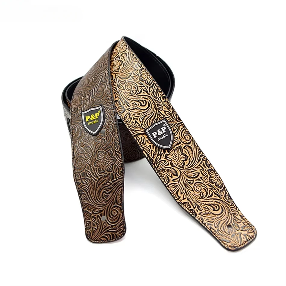 P&P Flower Carving PU Leather Guitar Strap for Acoustic Electric Folk Guitar Solid and Durable Acoustic Guitar Strap