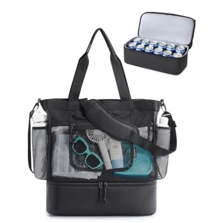 

BAGSMART Beach Bag for Women Mesh Tote Bags with Zipper Sandproof Vacation Essentials with Cooler for Swim Cruise Pool
