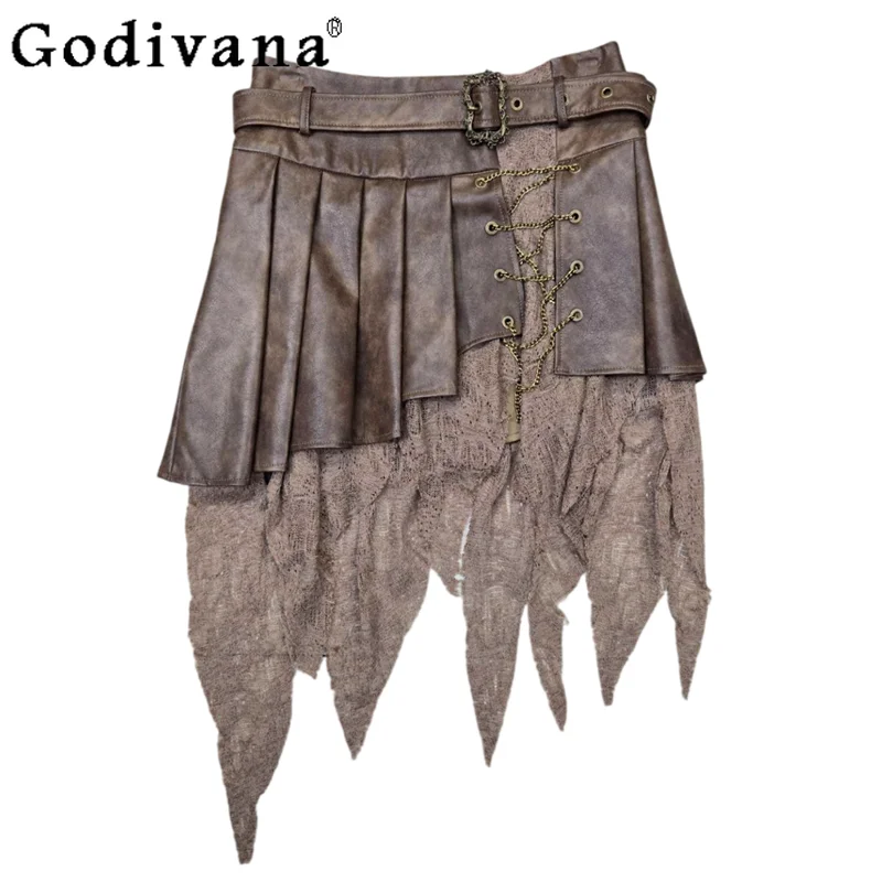 

American Sexy Retro Lace Irregular Women High Waist Pu Pleated Skirt Autumn Winter New Versatile Loose Chain Fashion Skirts