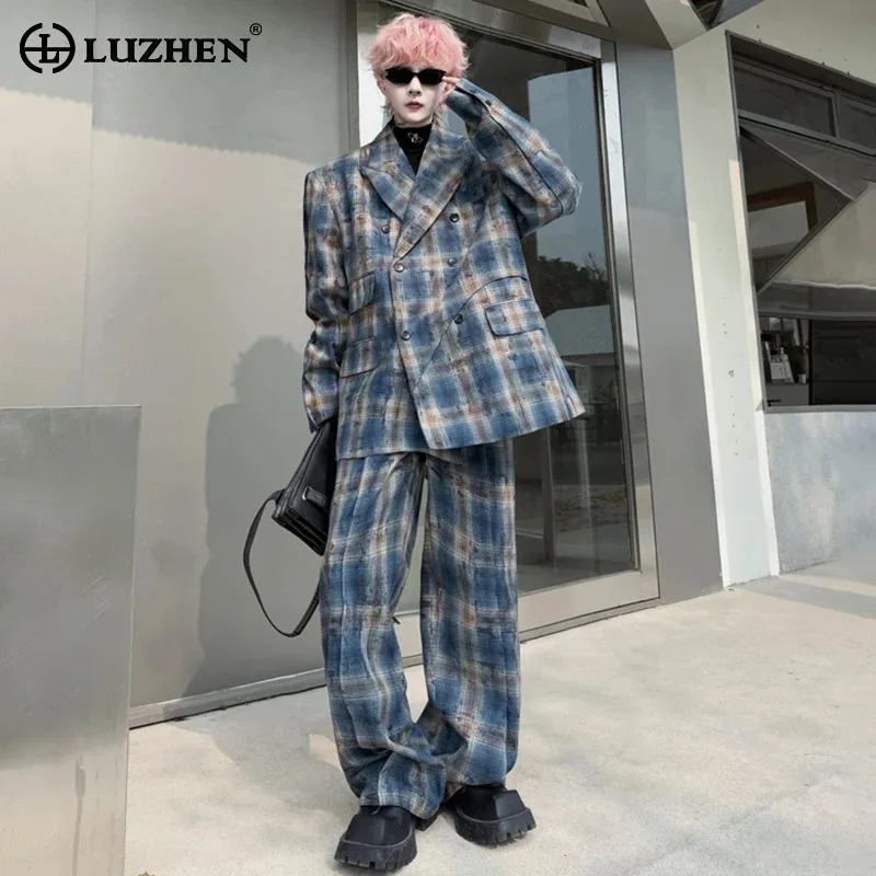 LUZHEN 2025 Spring New Original Street Casual Two-piece Sets Men's Niche Design Plaid Printed Blazer Loose Straight Pants LZ8314