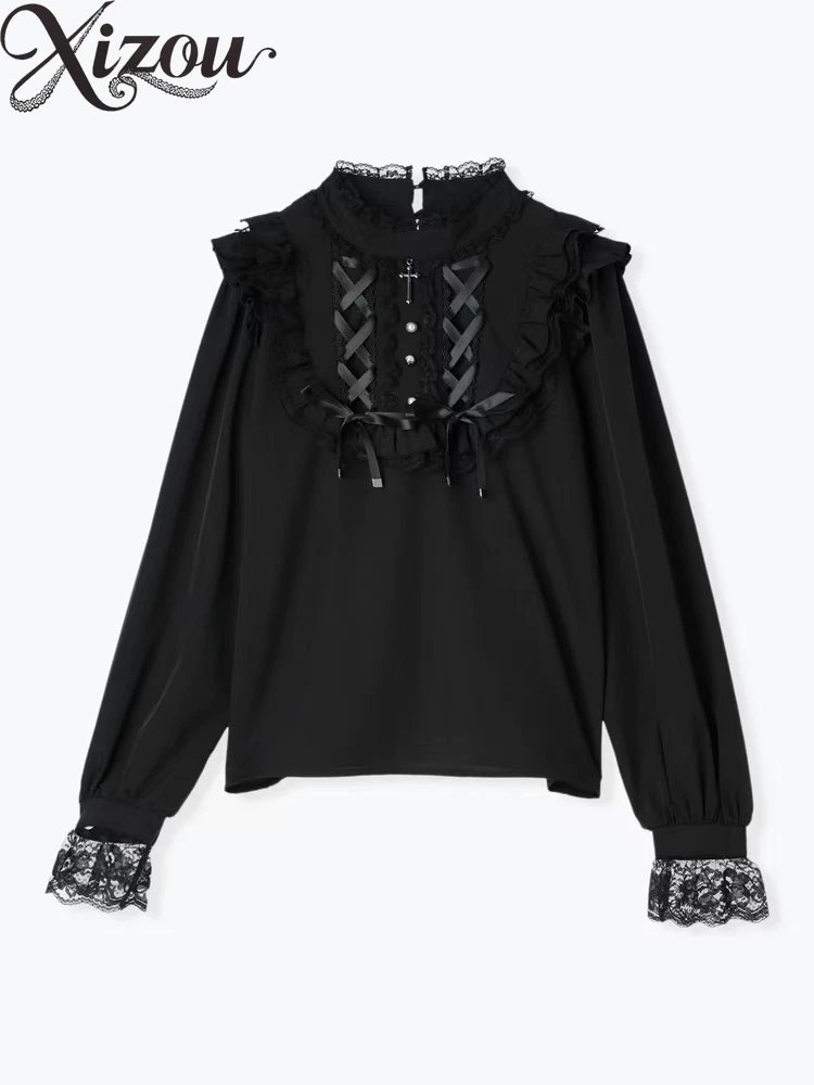 봄 여름 솔리드 블랙 셔츠 일본식 숙녀 블라우스 달콤하고 귀여운 고딕 어깨 스트랩 레이스 긴 소매 탑 여성