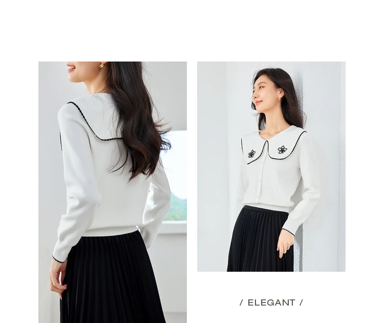 Vimly Autumn White Knit Sweater for Women 2023 Fall Winter Clothes Contrast Oversized Collar Pullovers Long Sleeve Tops Jumpers