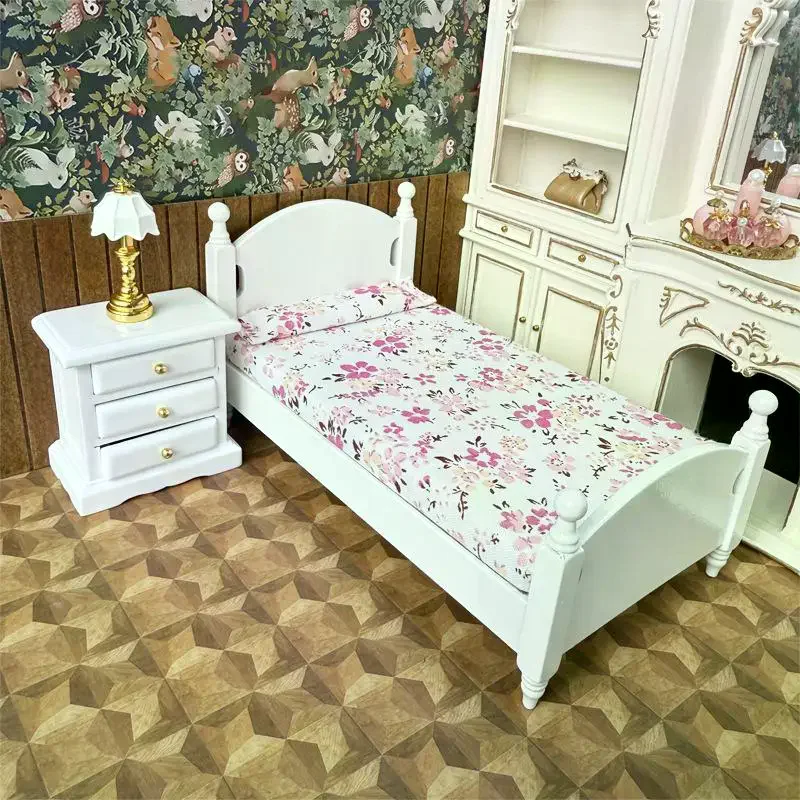 Ensemble de tables de chevet miniatures pour maison de poupée 1:12, lit simple en bois, accessoires de meubles pour décoration de maison de poupée, jouet de jeu pour enfants
