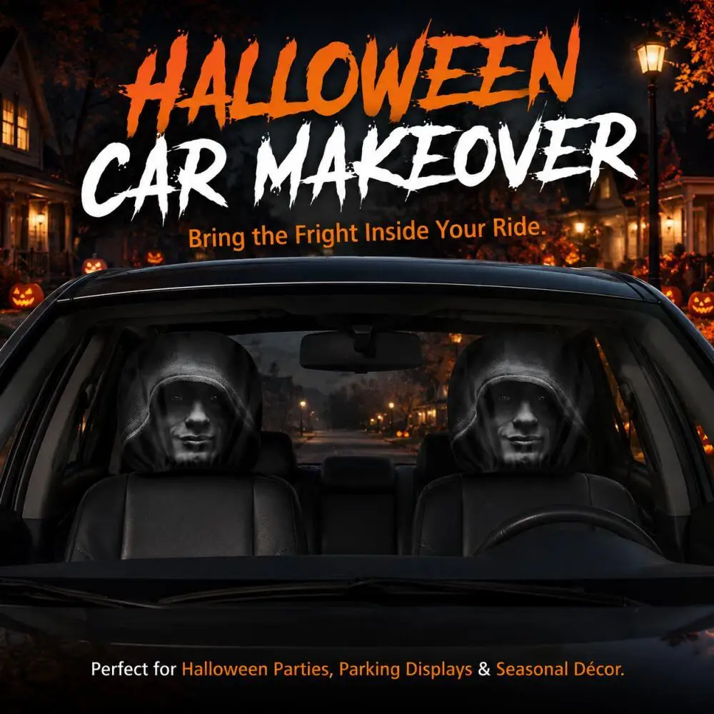 2Pcs Halloween Hooded Man Face Car Headrest Covers Realistic Scary Human Face Print Spooky Prank Interior Decor Halloween Party