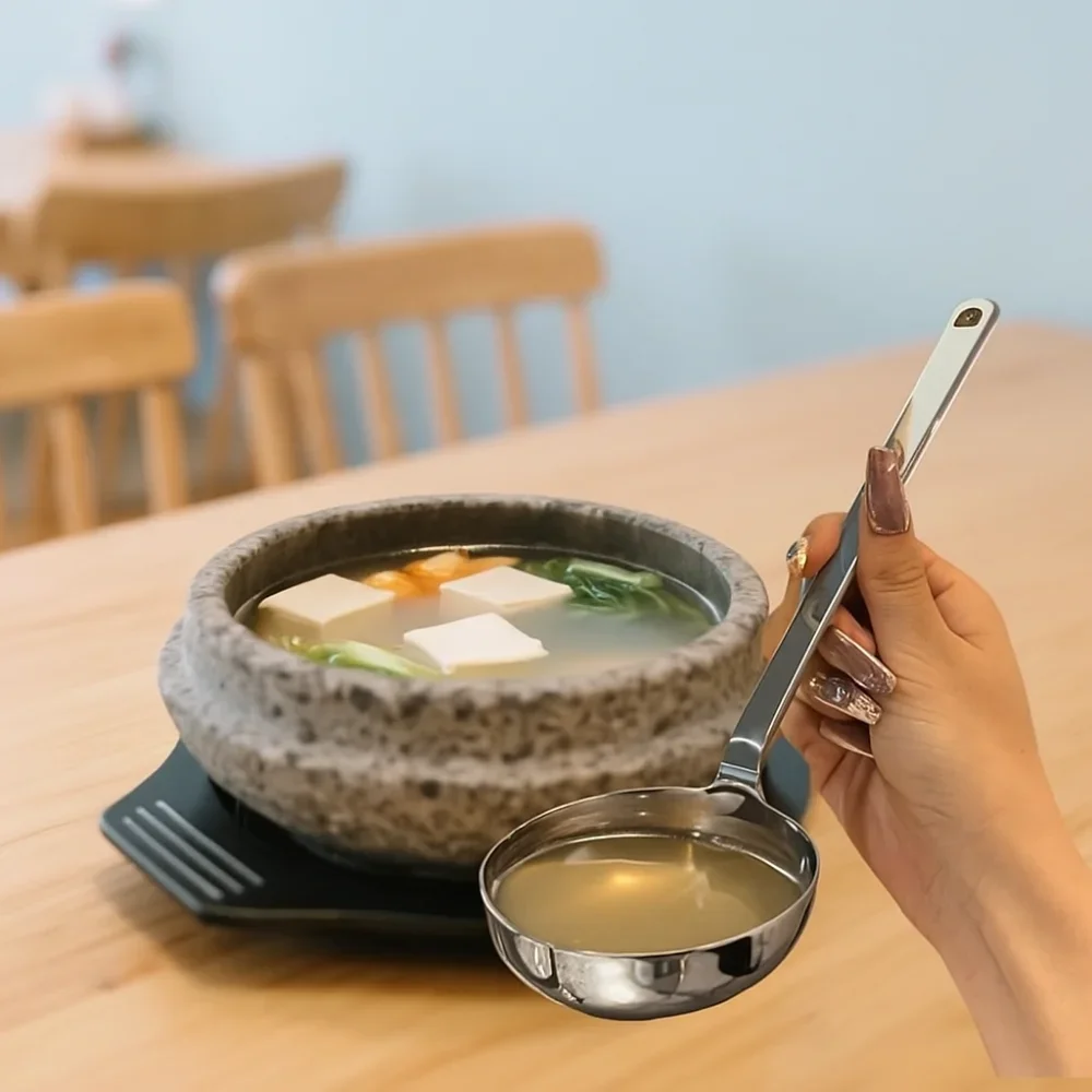 

Nice Practical Stainless Steel Soup Spoon Deepened Long Handle Hot Pot Scoop Rust-proof Flat Bottom Slotted Spoon Restaurant