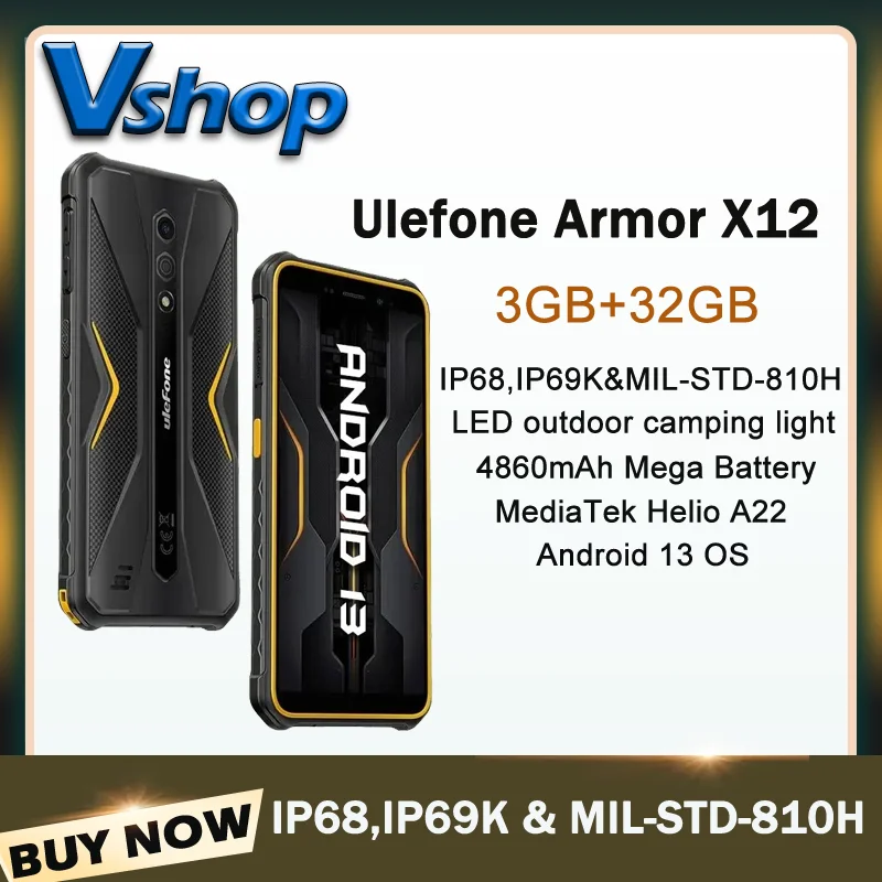 Ulefone Armor X12 Rugged Phone 3GB+32GB IP68 / IP69K 5.45'' Android 13 MediaTek Helio A22 4860mAh 4G NFC Global Version Cellphon