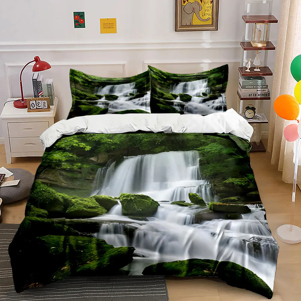Waterfall and moss-covered forest stream Bedding Set for Kids Luxury Gift 3pcs Digital Print Comforter Set Soft Comfortable