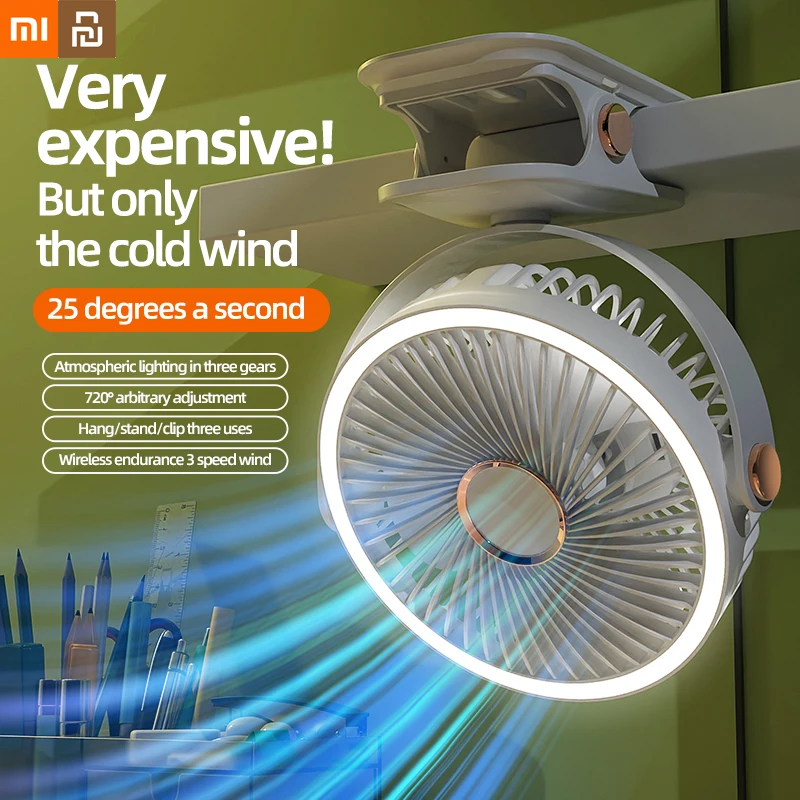 Xiaomi-Youpin Ventilador Elétrico Sem Fio, Recarregável, Portátil, Circulador de Ar, Ventilador de Teto, Luz LED, Clip-on, Casa, Camping, Desktop