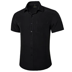 Camisas de manga corta para hombre, Camisa de algodón y poliéster, color sólido negro, blanco y azul, cuello vuelto, informal de negocios, ajuste Regular de gran tamaño, Verano