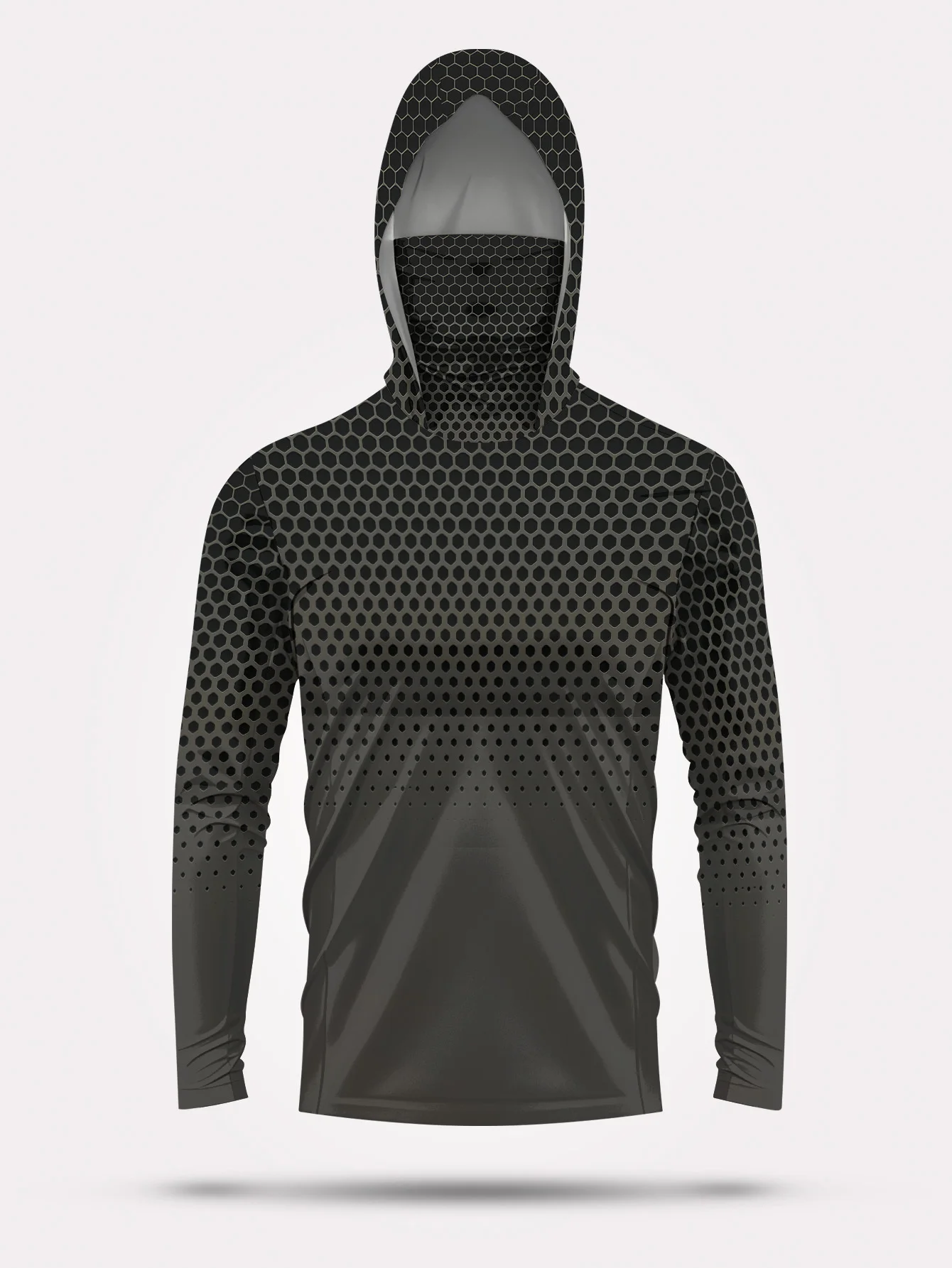 Grey Gradient Honeycomb Men Fishing Hooded Shirt Built‑in Face Cover UPF50+ Sun Protection Quick‑Dry Long Sleeve Outdoor Tops view 4