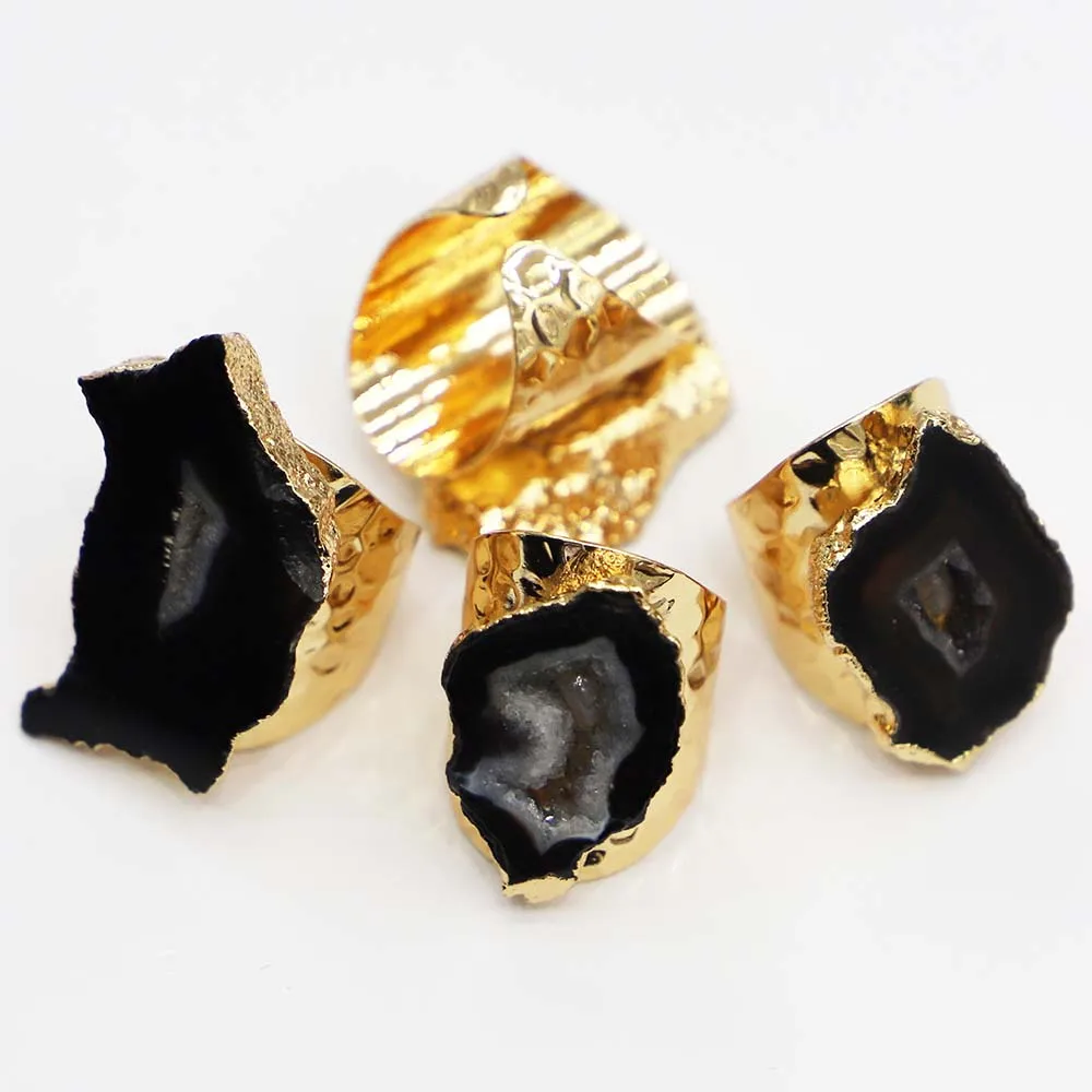 Natural Black Agates Irregular Quartz Drusy Adjustable Rings Raw Geode Finger Gold Exquisite Fashion Boho Jewelry Wholesale 4Pcs