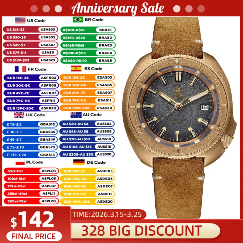

ADDIESDIVE Men Automatic Mechanical Watch Luxury Solid Tin Bronze Sapphire Glass Watch AR Coated Waterproof C3 Luminous Watches