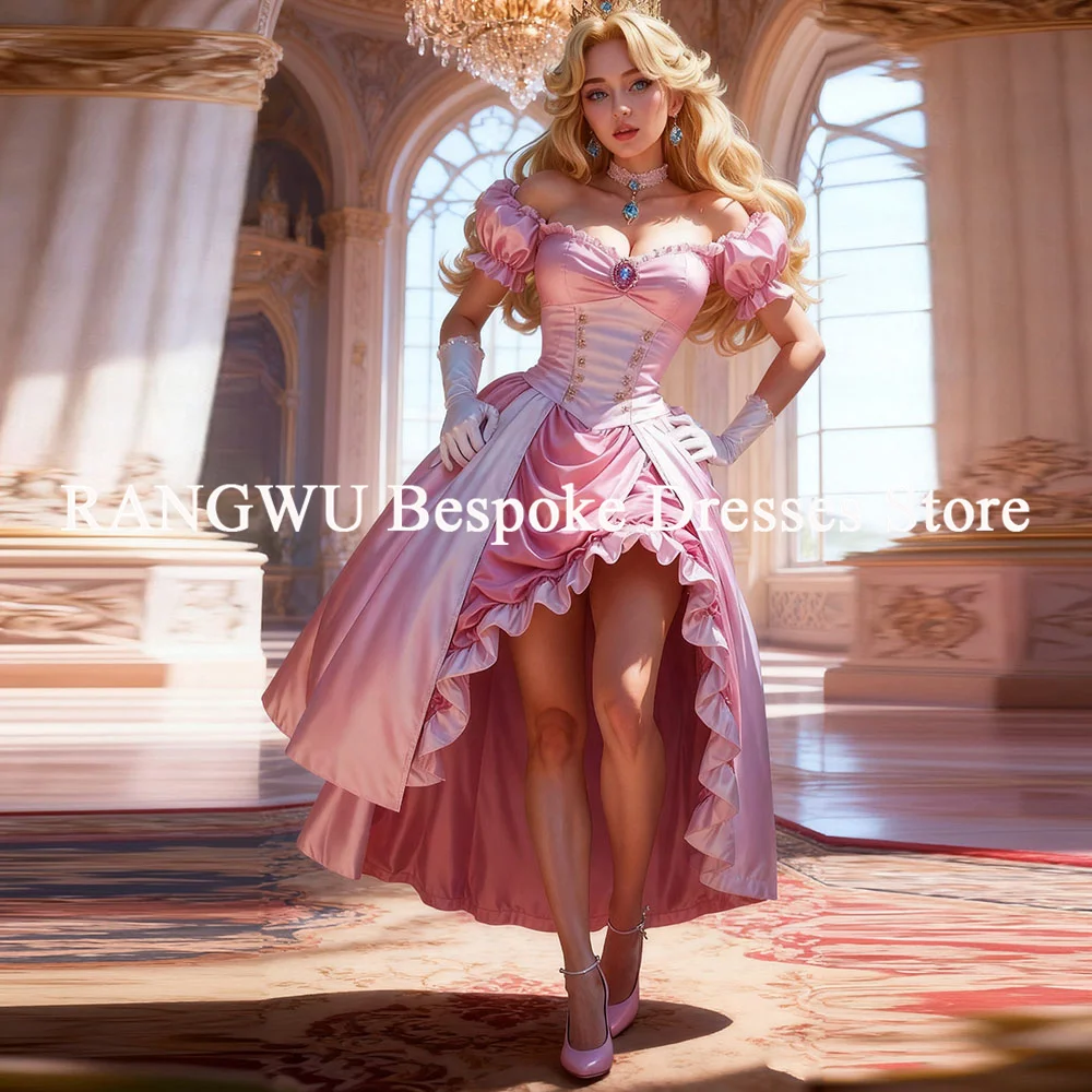 Abito da sera gotico rosa con spalle scoperte Gonna corta alta e bassa Corsetto Trambusto Abito da ballo cosplay vittoriano personalizzato