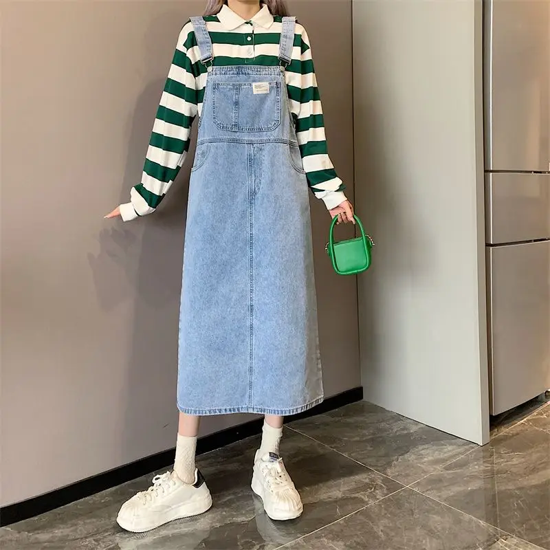 Spring Summer Jean Dress Wommen Suspenders Denim Dresses Pocket Loose Casual  Overalls Long Skirt Preppy Style Female Vestidos