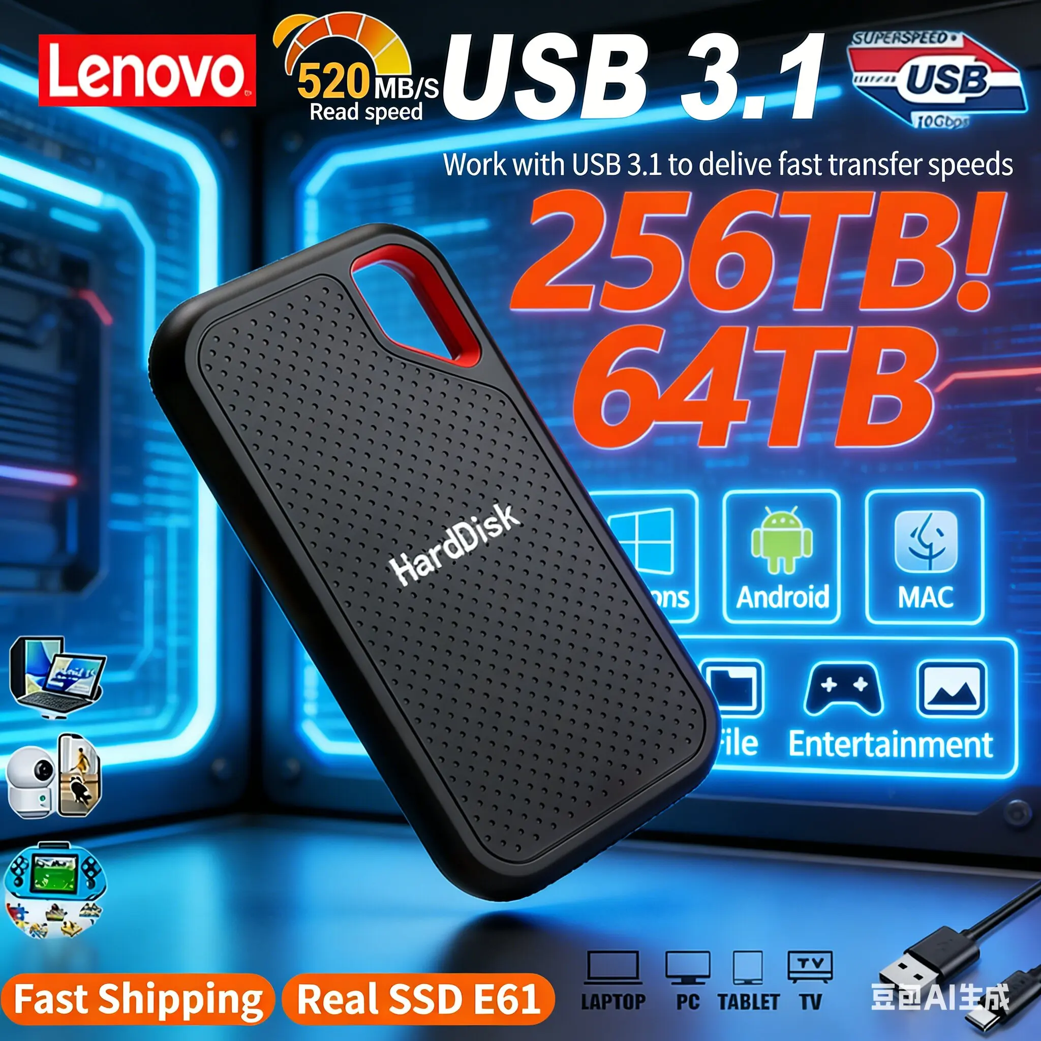 

Новый внешний твердотельный накопитель Lenovo E61 4 ТБ, 6 ТБ, 8 ТБ, 256 ТБ USB 3.1 для ноутбуков, PS5, мобильных устройств, внешний жесткий диск HDD для хранения данных