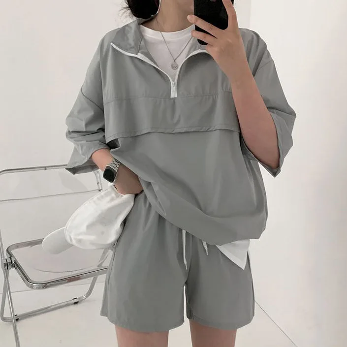 Terno de manga comprida e shorts feminino, conjunto de duas peças, roupa de treino de gola alta, estilo coreano, roupas casuais, verão