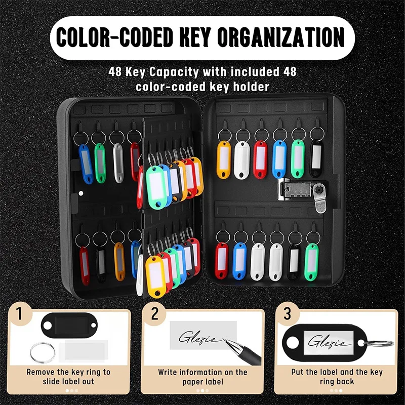 48 Position Key Cabinet with Combination Lock Resettable Black Digital Security Storage Box Steel Key Organizer with  Hooks