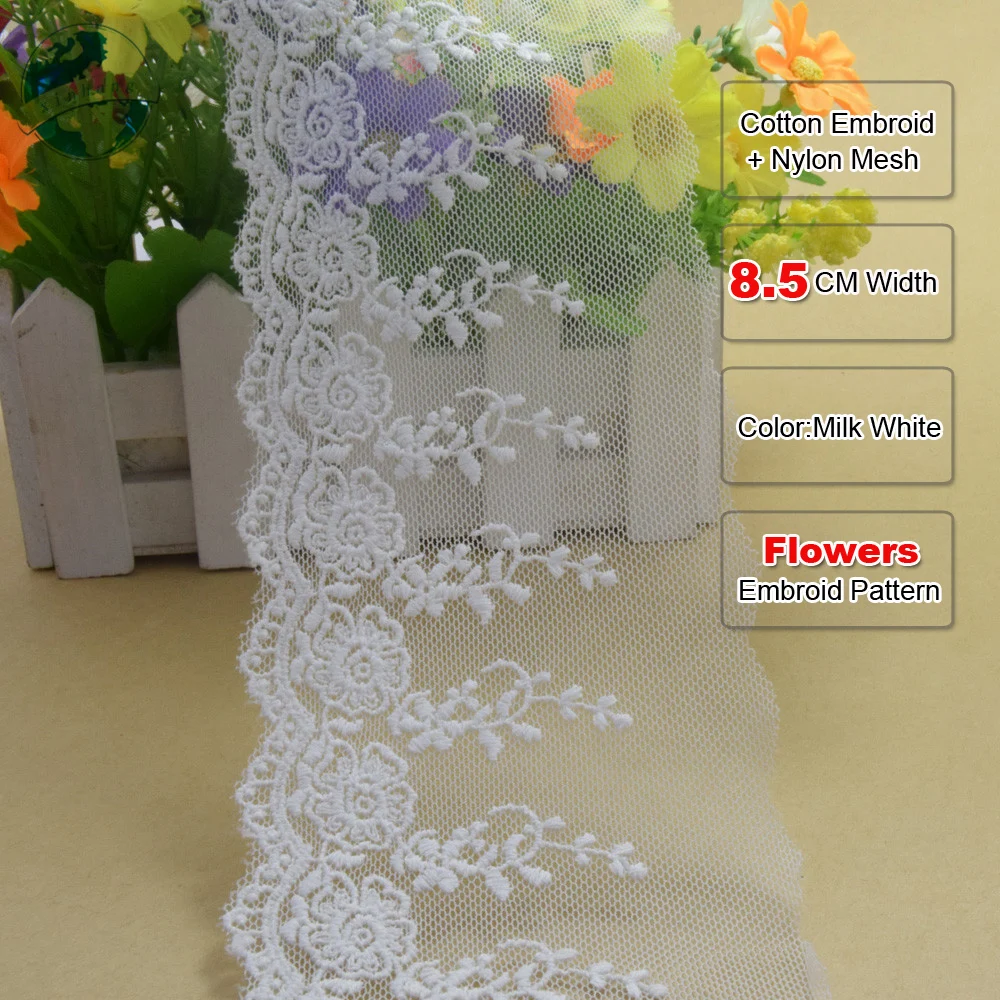 8.5cm White Cotton Embroidery Lace French Ribbon Fabric Guipure Diy Trims Warp Knitting Wedding Dress Sewing Accessories#2945