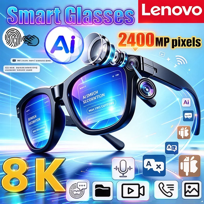 Lenovo Latest AI Smart Translator Sunglasses 2400MP Video 8KPhoto Capture Bluetooth Call Record MusicPlay Travel Eyewear Glasses