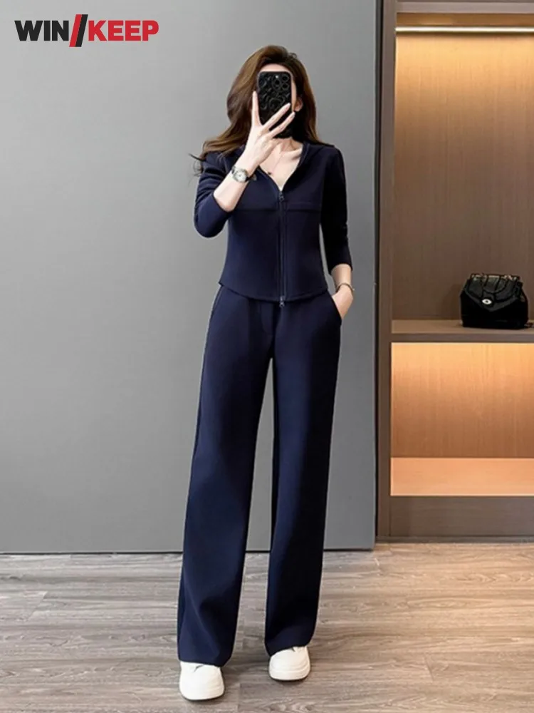 

Уличный женский темно-синий модный кардиган, толстовка с капюшоном для бега, топ, брюки, комплект из двух предметов, тренировочный спортивный костюм для бега