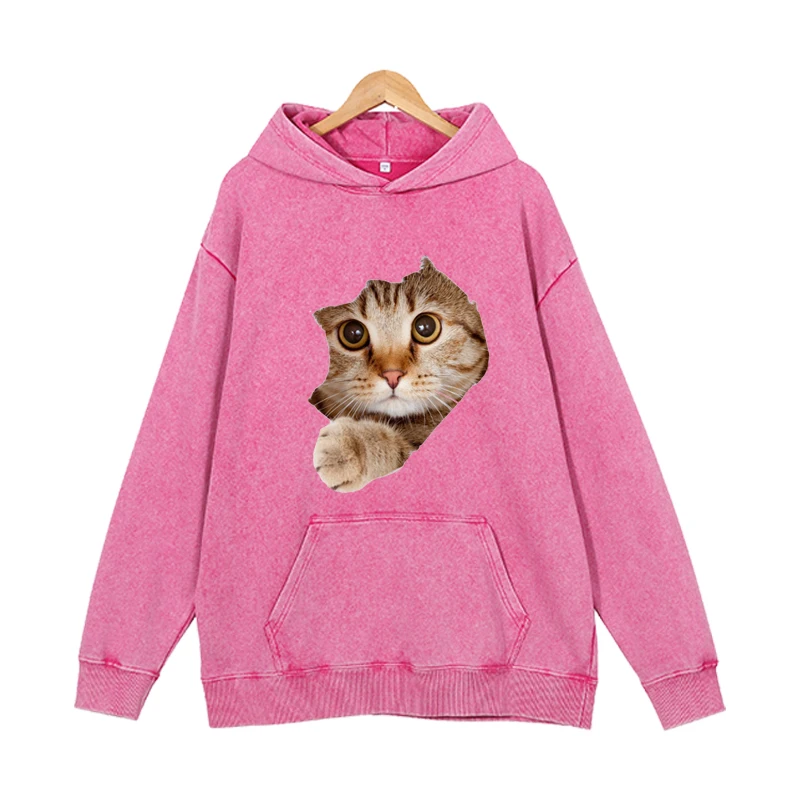 New fashionable round neck women\'s hoodie with cat print on the wall, casual women\'s loose long sleeved hoodie sweatshirt