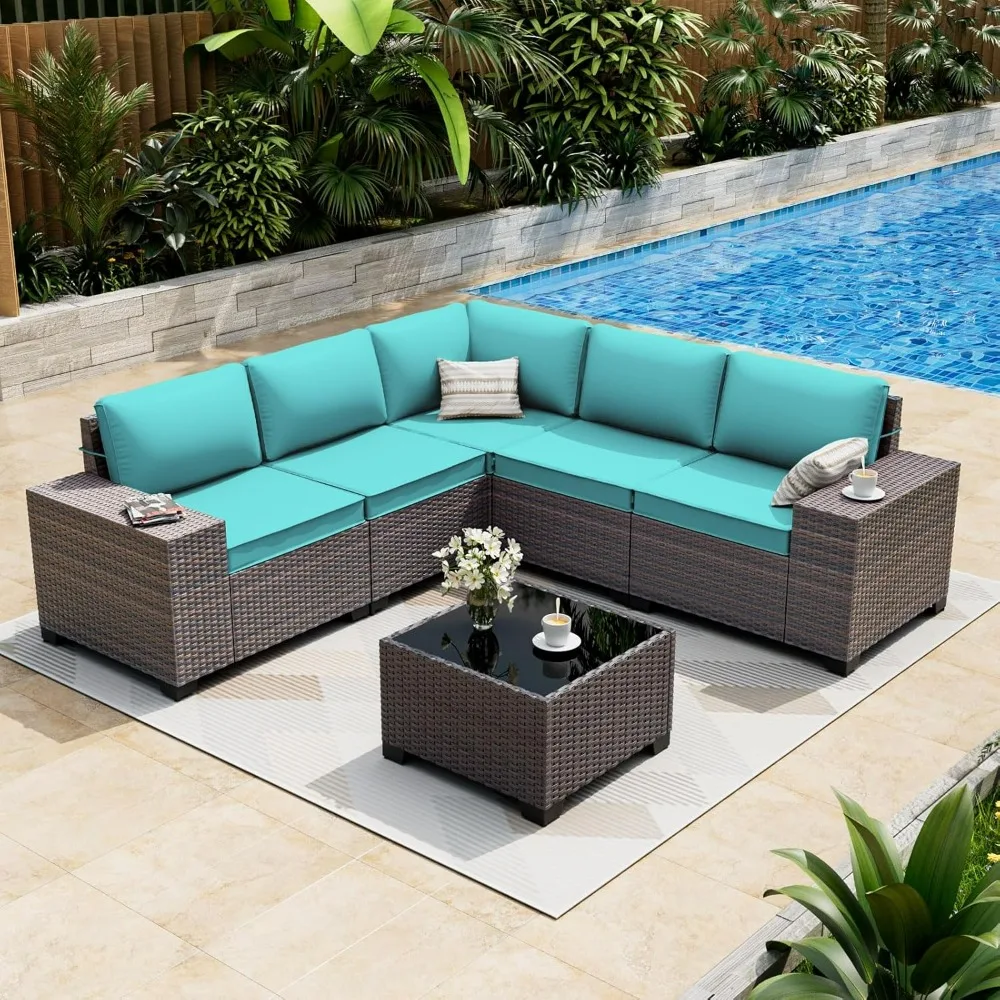 

6 Pieces Patio Furniture Set, Oversized Seat/Armrest And High Back Wicker Sectional Furniture Set With Thick Cushion For