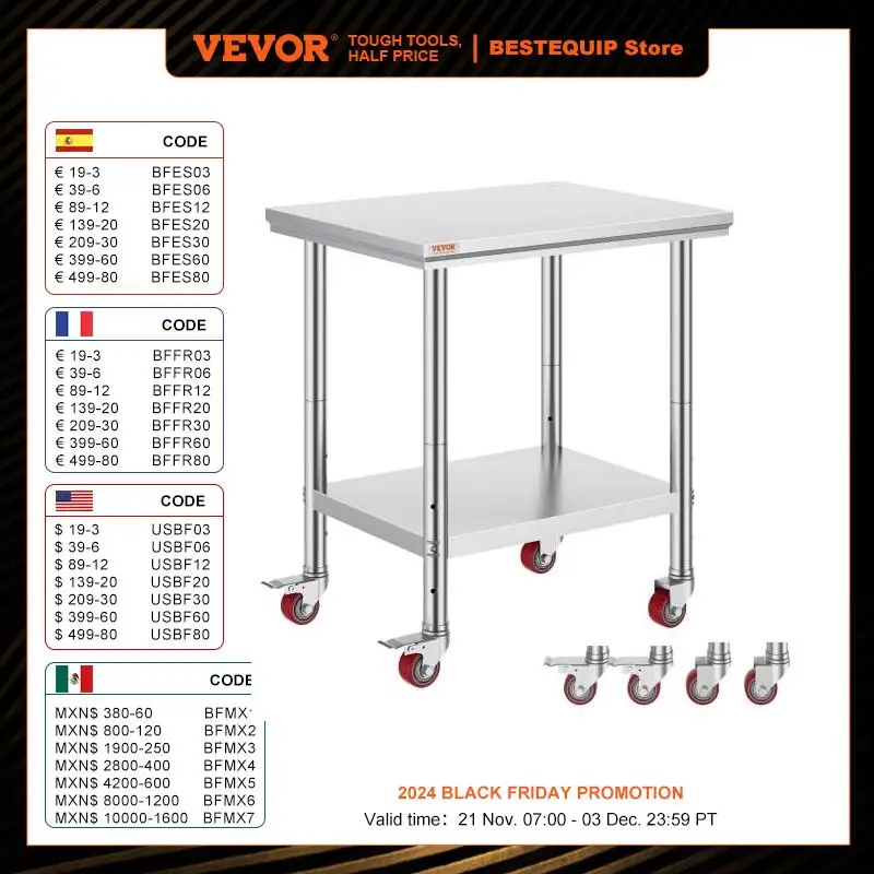 VEVOR Stainless Steel Work Table with 4 Wheels 3 Adjustable Height Levels Heavy Duty Food Prep Worktable for Commercial  Hotel