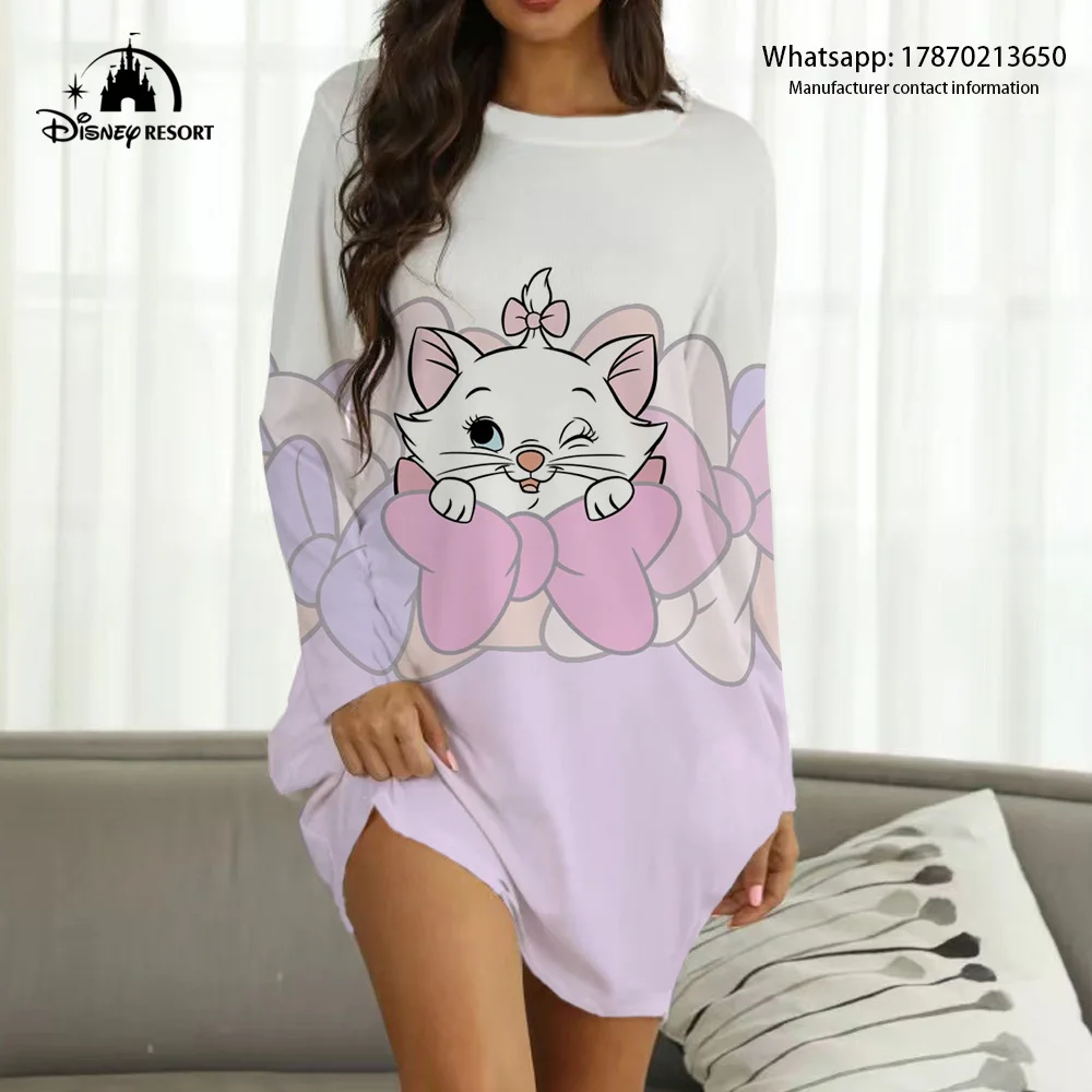 Spring and summer dress Mary cat cartoon pattern long-sleeved summer dress kawaii round neck home wear dress