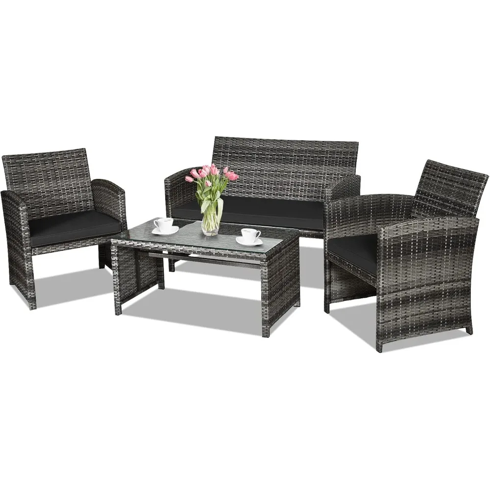 Piece Rattan Patio Furniture Set, Outdoor Wicker Conversation Sofa with Weather Resistant Cushions and Tempered Glass Tabletop