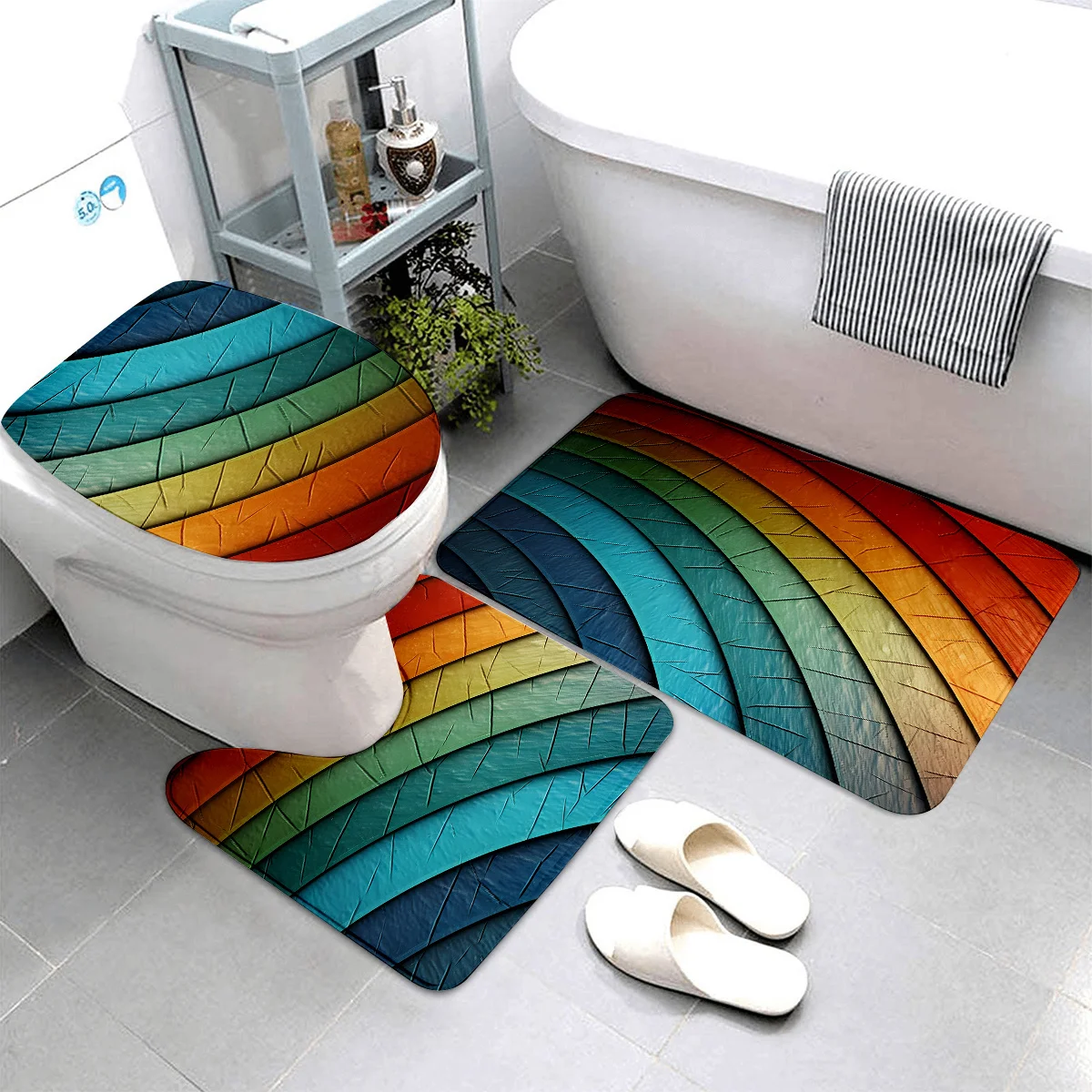 

3pcs Rainbow Bathroom Mat Set - Non-Slip Fabric Bath Mats with Machine-Washable Toilet Seat Cover & U-Shaped Bath Mat, Soft Flan