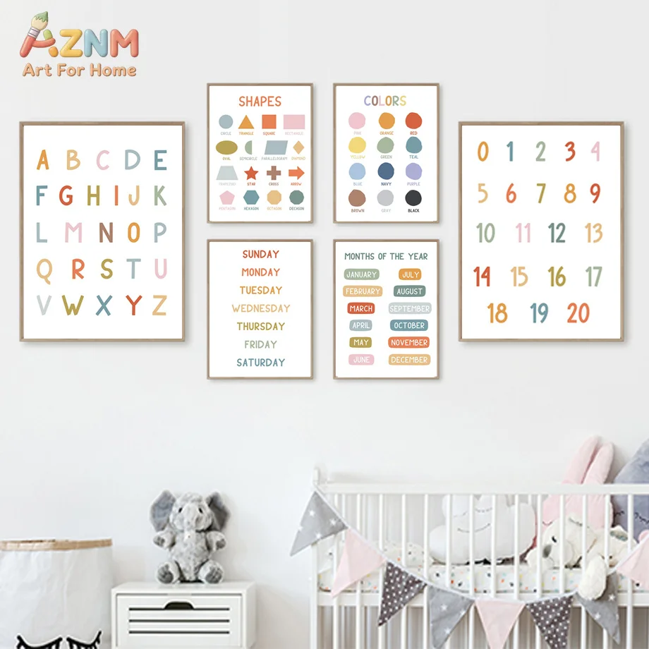 AZNM Boho Kids Educational Alphabet Number Canvas Poster, Frameless Color Shape Week Month Learning Wall Art For Playroom Nurser