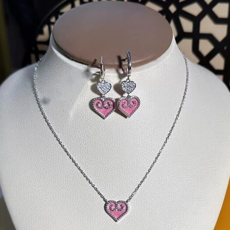  Beautiful Kazakh Themed Heart Necklace Earrings Featuring Shining Crystals Unique Cultural Accessory For Daily Wear