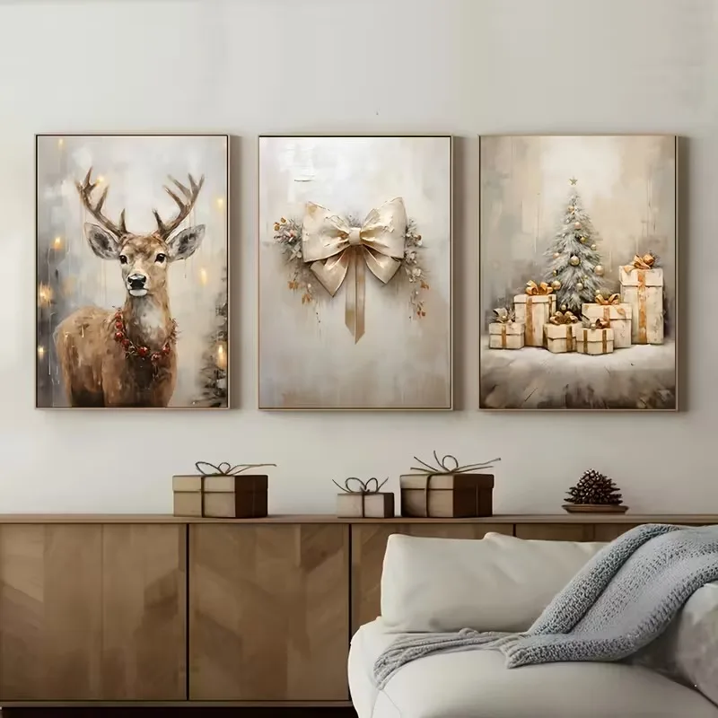 3pcs/set Christmas Tree Nutcracker Canvas Print Reindeer Bow Pine Tree Christmas Wall Art Poster Prints for Bedroom Home Deco