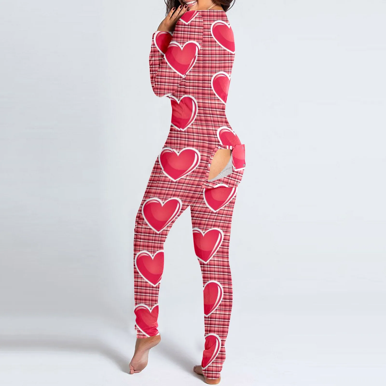 Womens Buttoned Flap Functional Onesies Pyjamas Button Down Jumpsuit Love Print Functional Buttoned Flap Adult Onesie Jumpsuits