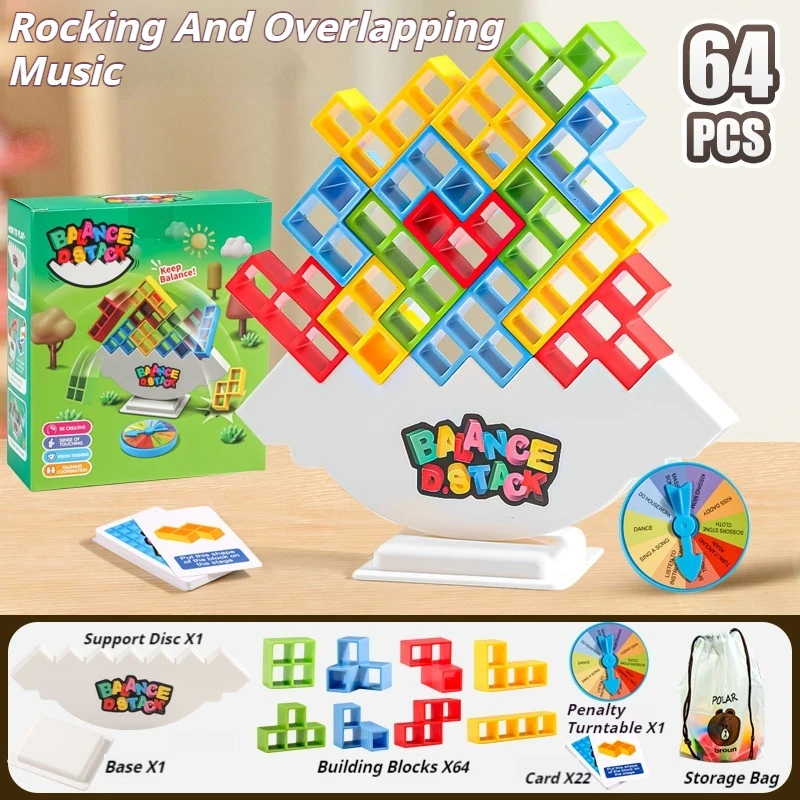 64 Kids Balance Building Blocks Toy Balance Stacked Tetra Tower Game Swing High Russian Building Blocks Stack Children Brick Toy